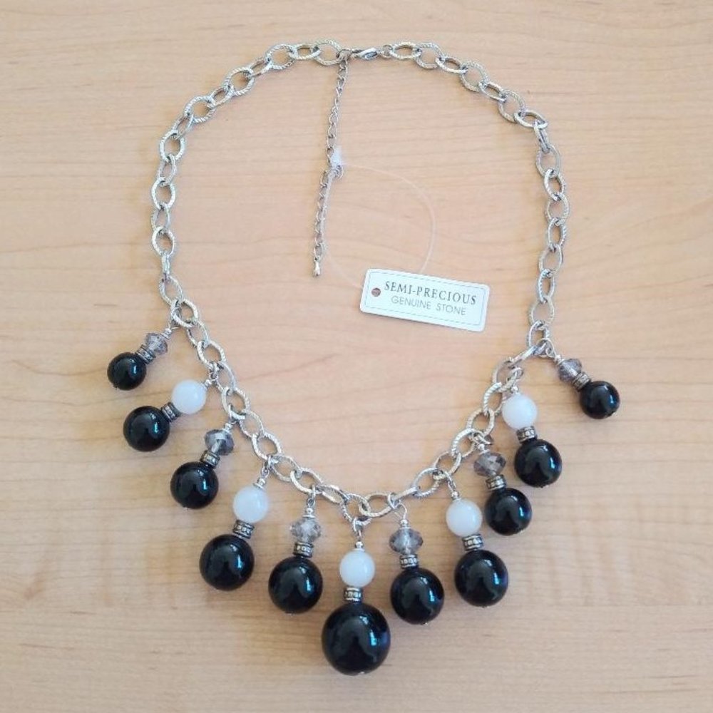 Silver Tone Necklace with Semi Precious Genuine Stone